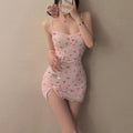Sexy Pajamas with Breast Pads, Pure Lusty Girl Pink Sweet Little Floral Suspender Lace Tight Nightgown Home Clothes