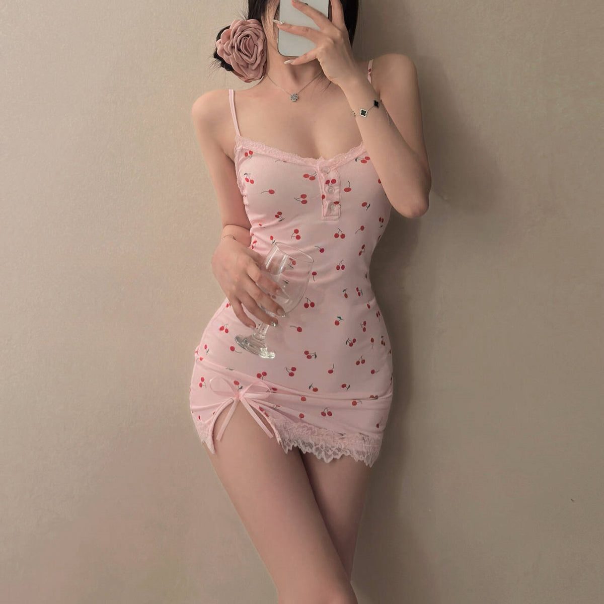 Sexy Pajamas with Breast Pads, Pure Lusty Girl Pink Sweet Little Floral Suspender Lace Tight Nightgown Home Clothes
