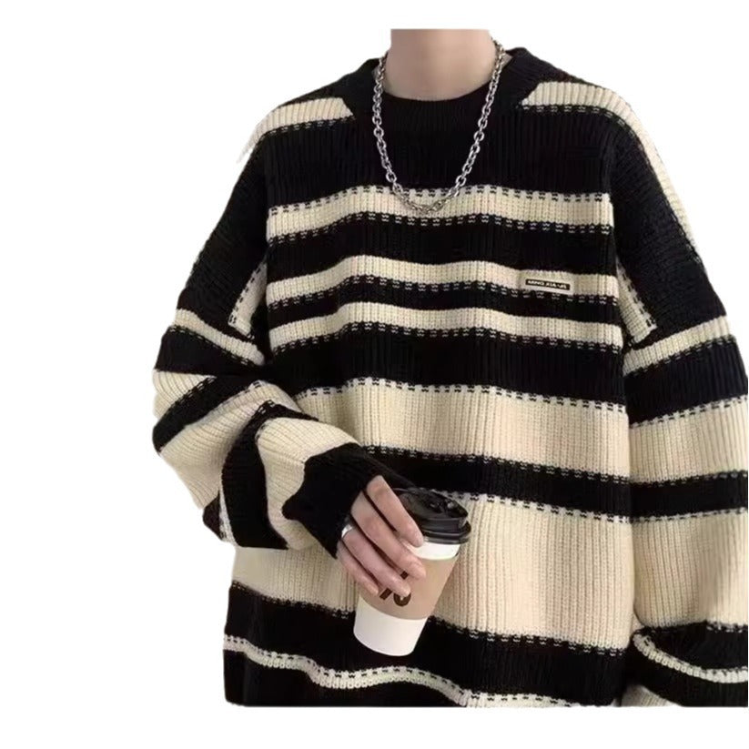 Autumn and Winter New Men's Sweater Loose Round Neck Striped Sweater Men's Fashionable Contrast Color Pullover Warm Top Clothes