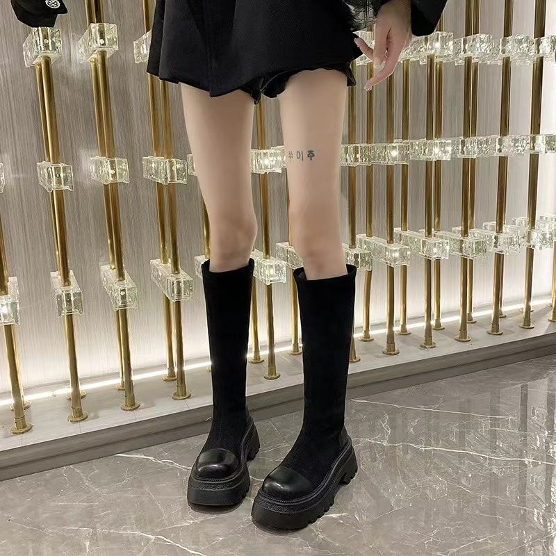 Long Boots for Women 2025 New Thick-Soled High Elastic Boots Retro Boots for Women Autumn and Winter Fleece-Lined High-Heeled Slim Boots