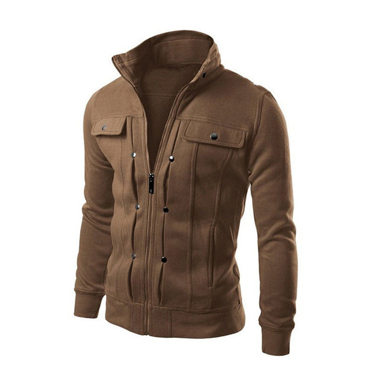 Cross-border in stock foreign trade new stand collar sweater zipper cardigan men's coat slim short brushed sweater jacket