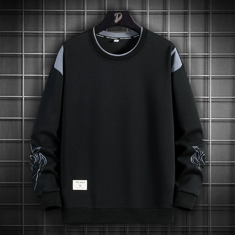 Spring and Autumn New Double Fake Two-piece Cotton Crewneck Sweaters Men's Street Fashion Long Sleeve Sweaters Cross-border Foreign Trade