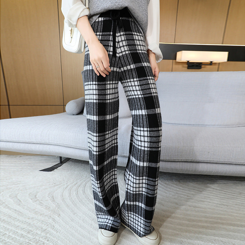 24 Autumn and Winter New High Waist All-match Casual Wide-leg Pants Women's Straight Loose Plaid Trousers 100 Wool Thickened