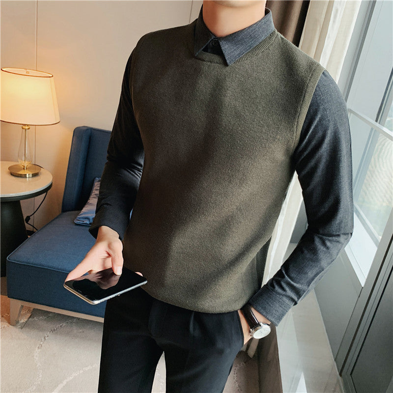 Wholesale In-Stock Men's Textured Two-Piece Knit Sweater, Slim Fit, Light Business Style, Mature Men's Professional Wear, Shirt Collar Sweater