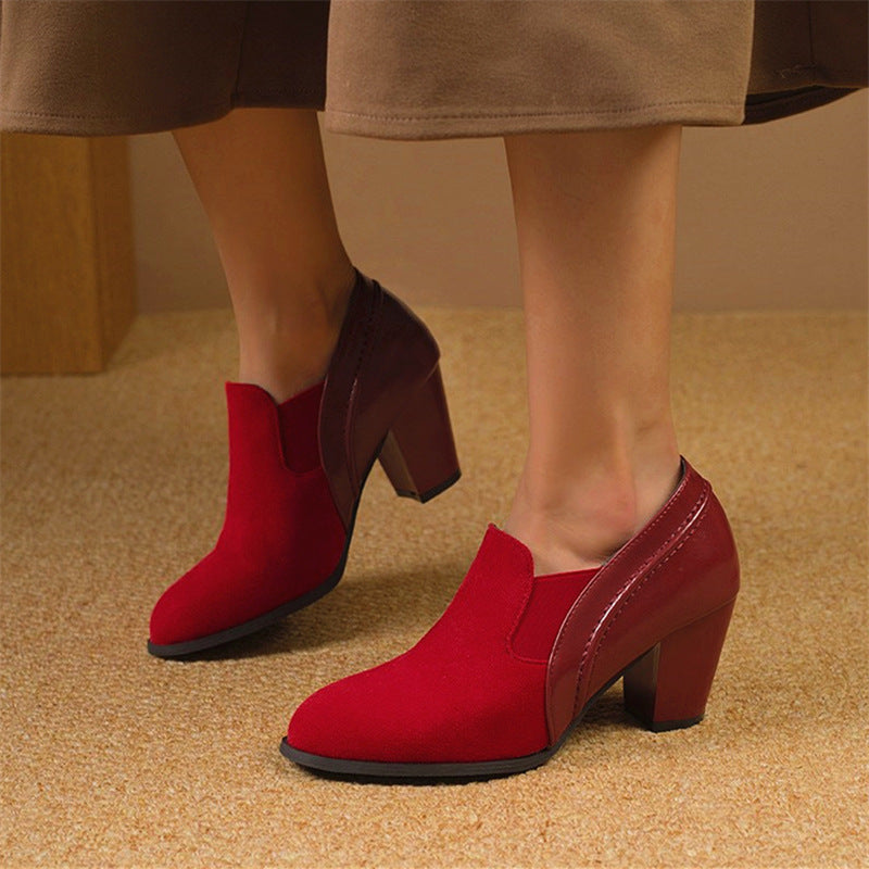Red High Heels for Women 2025 Autum New Thick Heel Pointed Toe Deep Mouth Flats Korean Style Large Size Elastic Fashion Women's Shoes