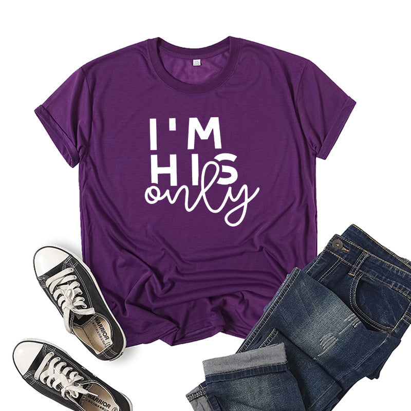 in stock Foreign Trade Cross-border I 'M HER ONE Couple Valentine's Day Printed Short-sleeved Crewneck T-shirt European and American Men and Women