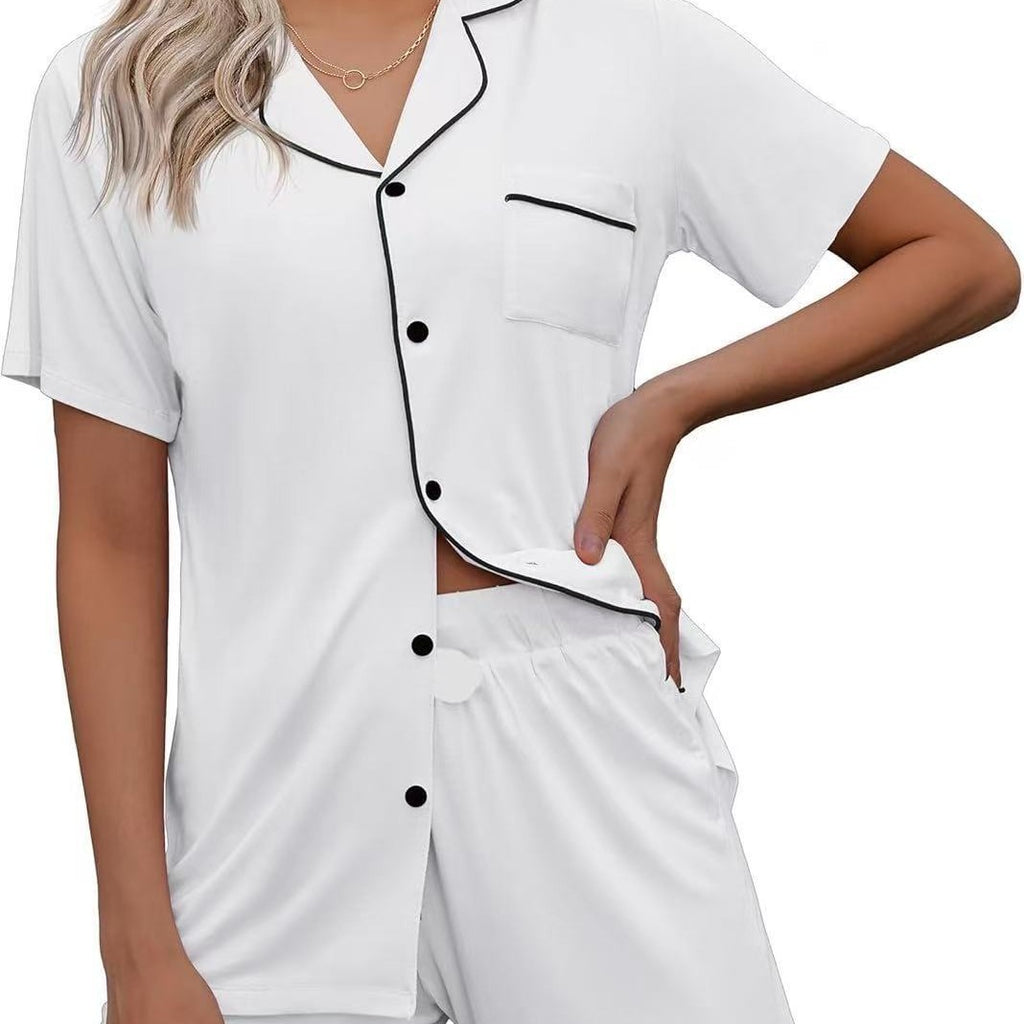 European and American Women's Cross-Border Pajamas Set Short-Sleeved Pajamas Cardigan Button-Style Pajamas Two-Piece Set Source Factory Cool