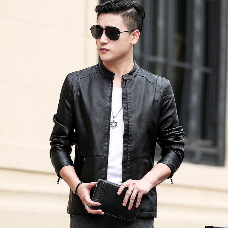 Autumn and Winter 2023 New Leather Men's Coat Fashionable Slim-fit Warm Spring and Autumn Vertical Collar Biker Jacket Men's Jacket
