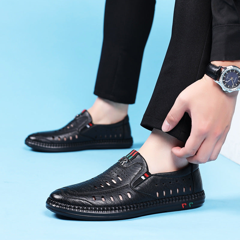 2026 New Men's Sandals Soft Leather Business Perforated Men's Shoes Soft Sole Hole-In-The-Wall Dad Leather Shoes White