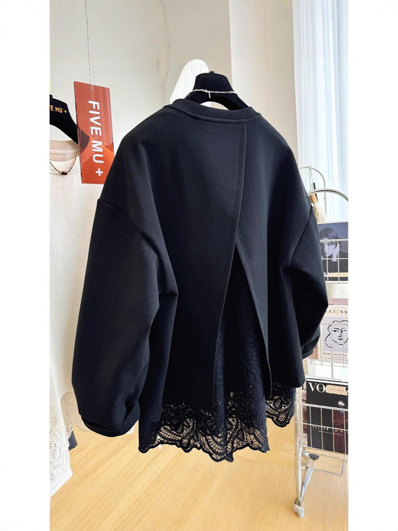 2024 New Lace Stitching Fake Two-piece Pullover Crewneck Sweaters Women's Spring and Autumn Lazy Style American Loose Top