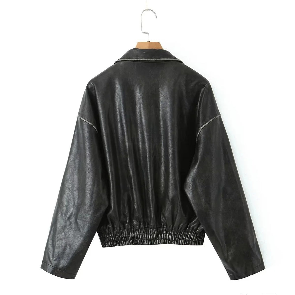 American heavy industry distressed leather jacket for women 2023 autumn and winter New retro loose brushed PU leather jacket for hot girls