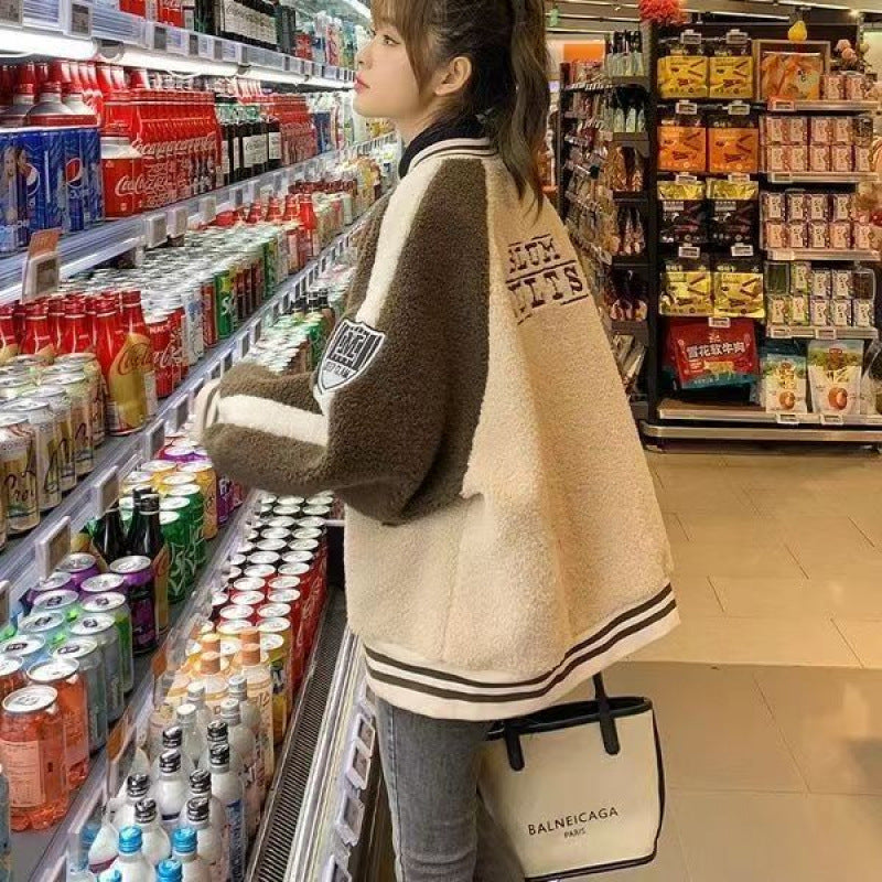 Coat Women's European Station 2025 Fall/Winter New Loose plus size Baseball Suit Ins Student Jacket Thickened Lamb Wool