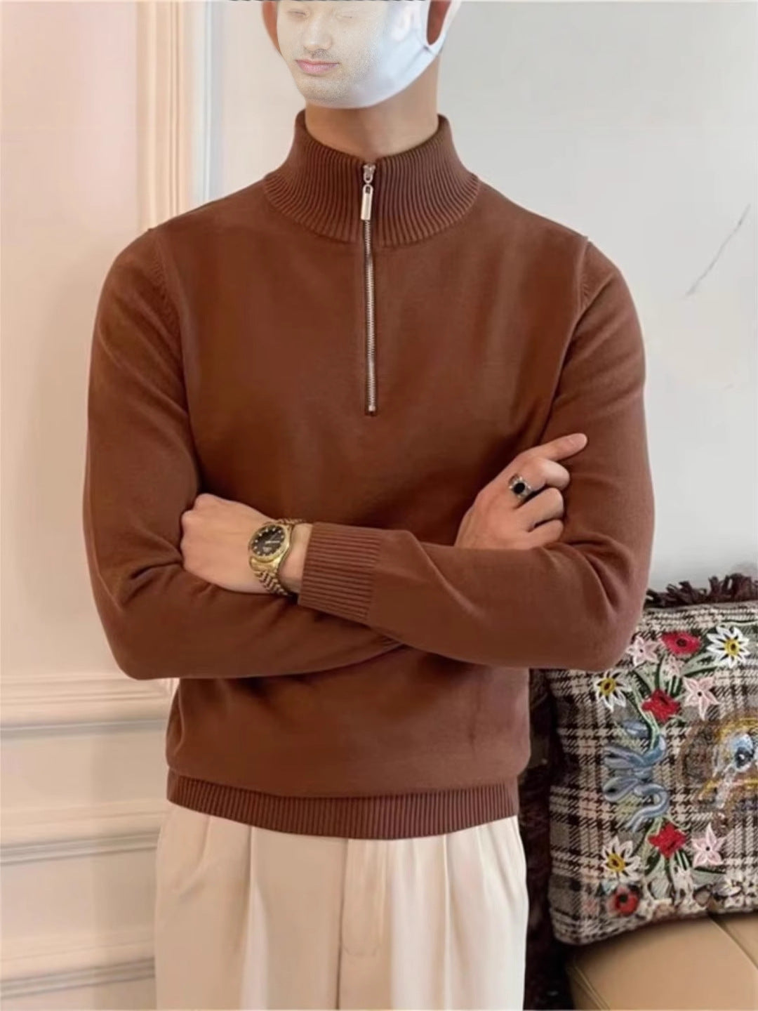 Sweater Long-Sleeved Half Turtleneck Zipper Bottoming Sweater Men's 2025 Pullover Autumn and Winter Versatile Knitted Knitwear Men's Knitwear