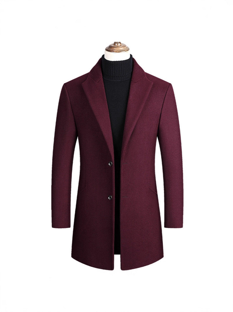 2025 Autumn and Winter Men's Mid-Length Pure Color Woolen Windbreaker European and American Casual Large Size Woolen Jacket Fashionable Men's Clothing