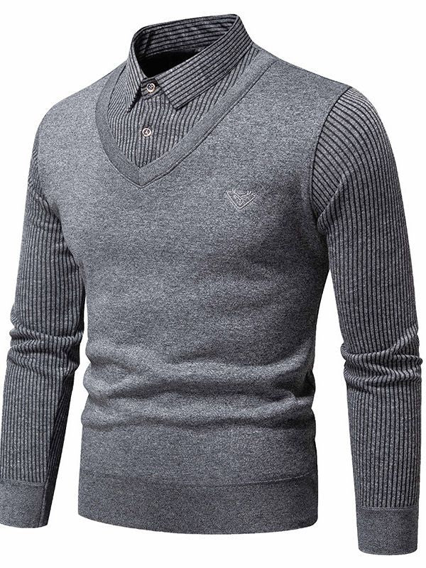 Foreign trade winter men's sweater sweater bottoming shirt fleece-lined fake two-piece shirt collar thickened warm cotton sweater men