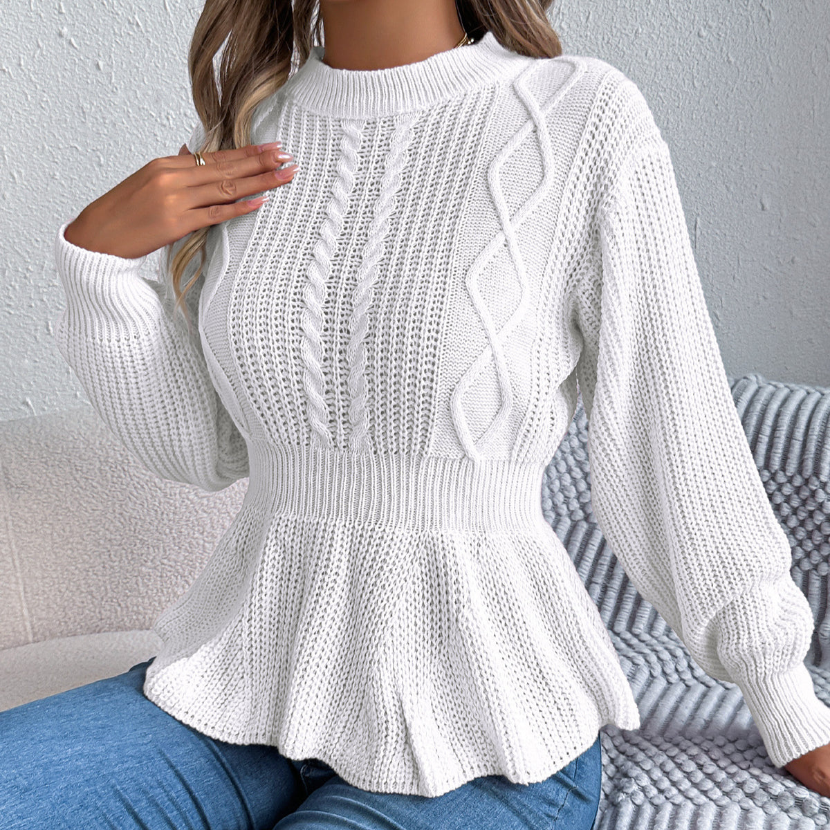 Real Shot of Autumn and Winter European and American Style Solid Color Cable Knit Waist-Cinching Ruffled Long-Sleeve Pullover Sweater, Independent Cross-Border Women's Fashion