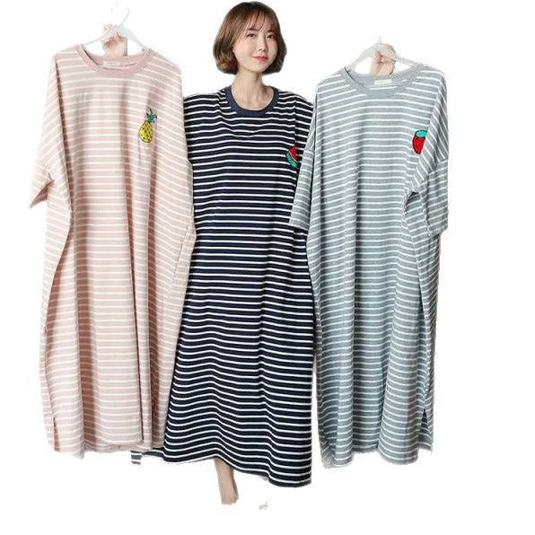 Pajamas Women's Summer Korean-style Mid-length Student's Nightdress Short-sleeved Loose Cute Striped Outwear Pregnant Women's Home Clothes
