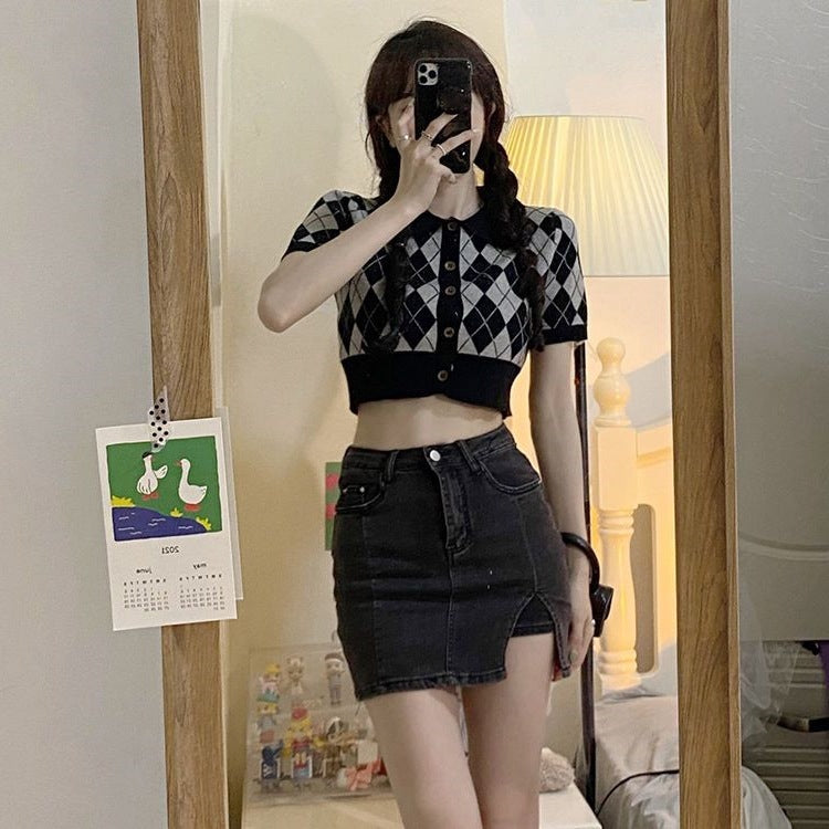 American Hot Girl Summer New Korean Style Slimming Look A-Line Skirt Trendy Anti-Exposure Slit Black Denim Skirt for Women