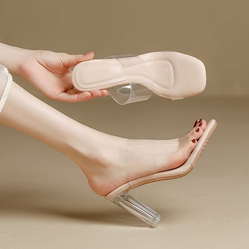 Transparent Crystal High-Heeled Sandals for Women, Summer 2026 New Style, One-Strap Square-Toe Outdoor High Heels