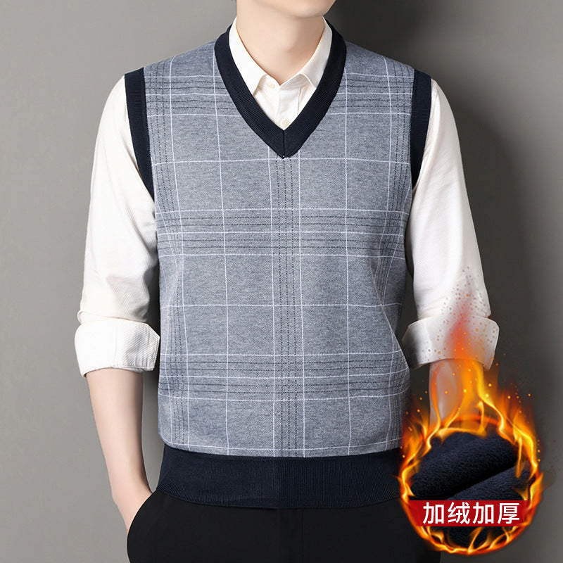 Autumn and Winter New Men's Knitted Inner Sweaters for Middle-Aged and Elderly People Fleece-Lined to Heattech Dad's Vests and Vests