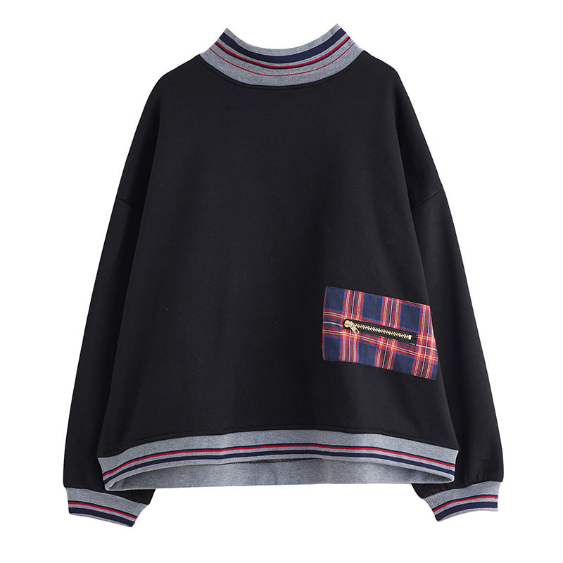 New 2023 Winter new cotton patch turtleneck sweater women's fleece-lined warm loose pullover top