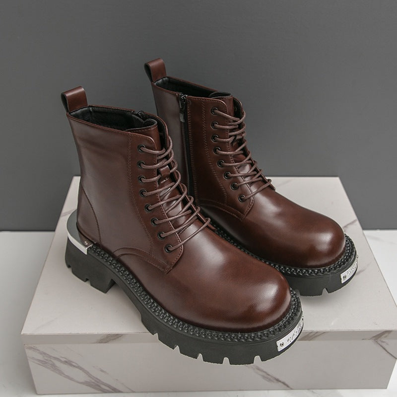 Cross-Border Men's Thick-Soled Heightening Lace-Up Leather Boots British Style Formal Casual Shoes High-Top Leather Shoes Short Boots Large Size Men's Shoes