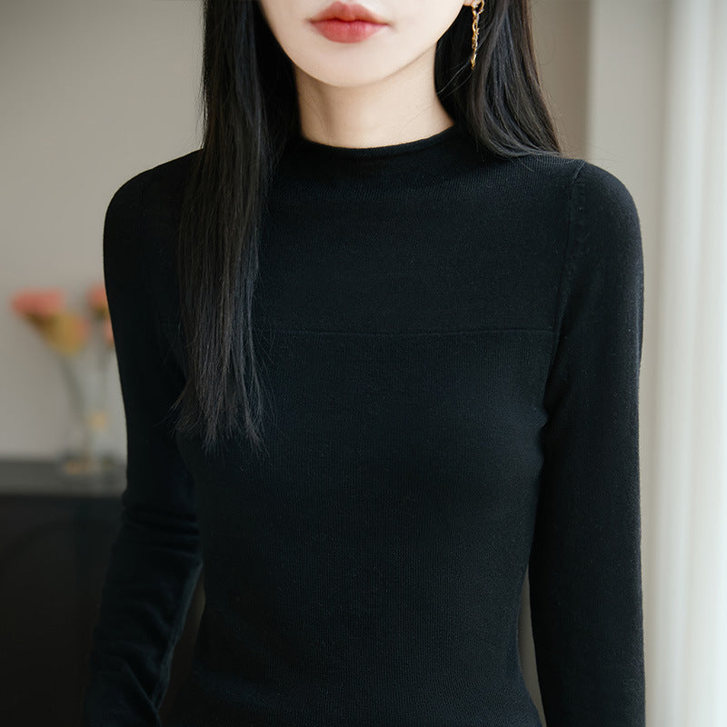 Sweater Women's Autumn and Winter Rolled Edge Half Turtleneck Knitted Sweater Thin Long-Sleeved Knitted Bottoming Shirt Women's Top Cross-Border Sweater