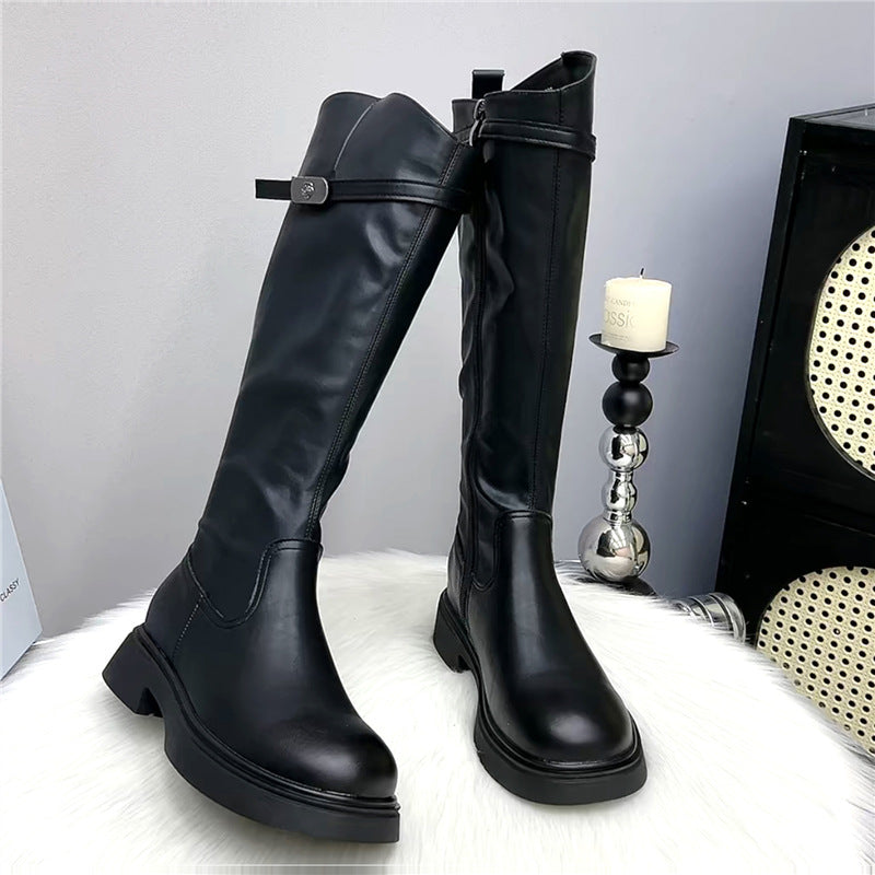 Genuine Leather Thick-Soled Boots for Women 2025 Autumn and Winter New V-Mouth High Knight Boots for Small People but No More Than Knee Boots for Women