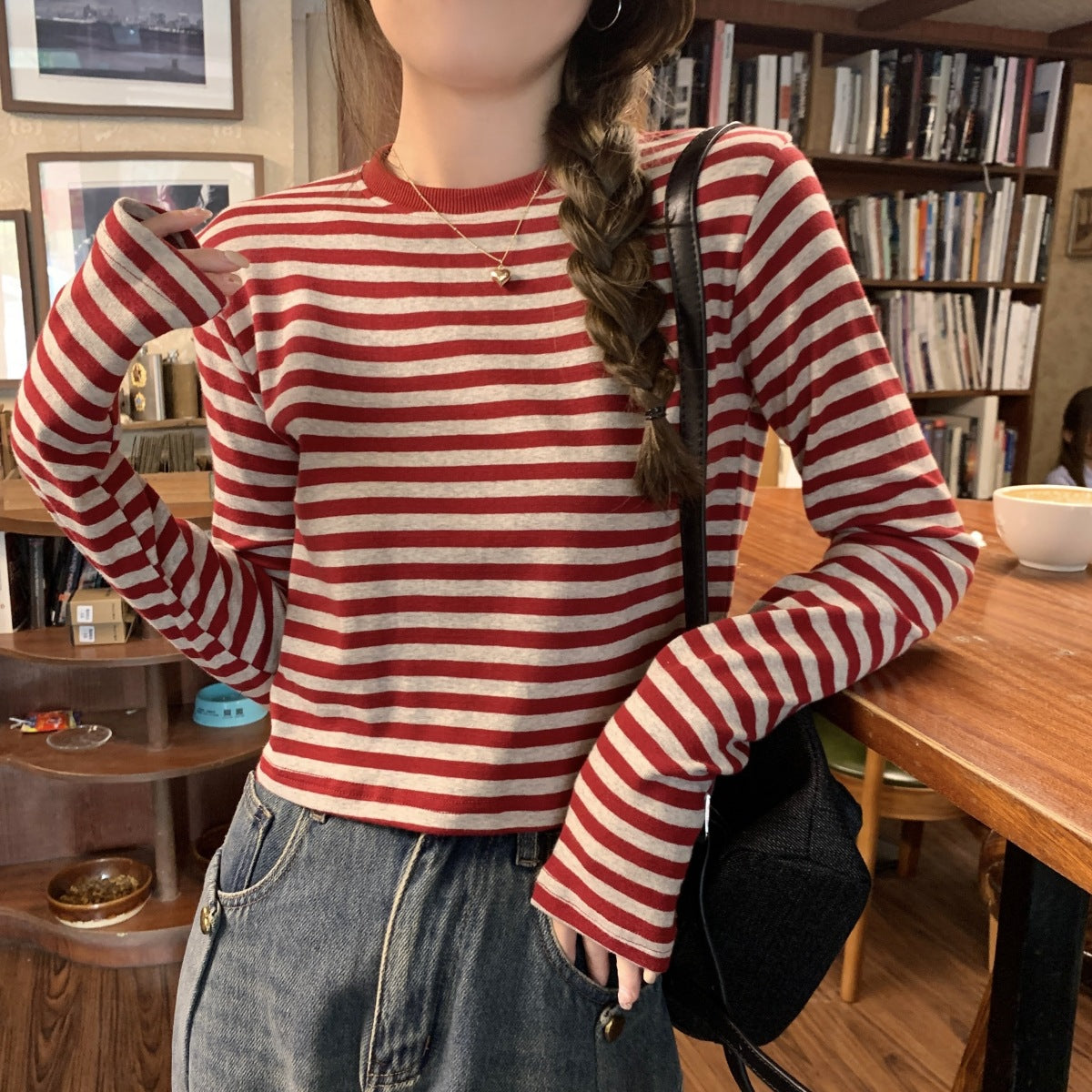 Autumn New Casual Slim Bottoming Shirt Short Student Top Contrast Color Striped Long Sleeve T-Shirt for Women