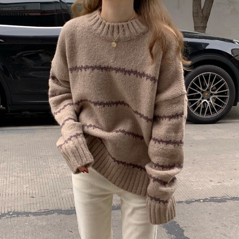 Vintage Japanese-Style Lazy Loose Sweater for Women, Thickened Autumn and Winter New Long-Sleeve Striped Half-High Collar Knitwear
