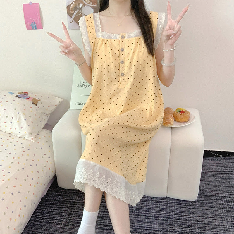 Nightgown Women's Summer Polka Dot 2025 New Style with Breast Pad Cloud Cotton Vest Lace Sweet Pajamas Summer Home Wear