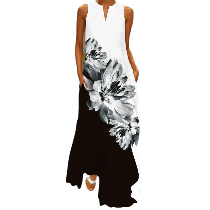 New Summer Women's Sleeveless Long Dress V-Neck Floral Print Dress European and American Cross-Border Foreign Trade Women's Clothing