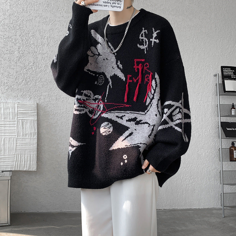 2025 New Autumn and Winter Men's Sweaters American Trendy Brand Letter Jacquard Round Neck Sweaters Fashionable Niche Loose Sweaters