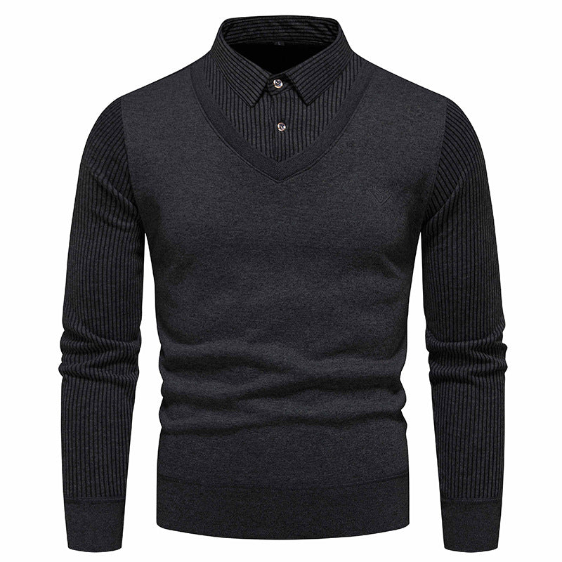 Foreign trade winter men's sweater sweater bottoming shirt fleece-lined fake two-piece shirt collar thickened warm cotton sweater men