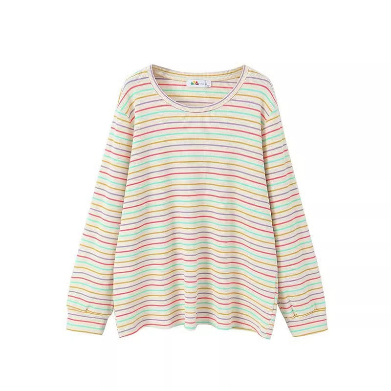 Early Autumn Large Size Retro Rainbow Stripesd Right Shoulder Long-Sleeved T-Shirt for Fat Women, Loose Slimming Look and Age-Reducing Top
