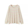 Early Autumn Large Size Retro Rainbow Stripesd Right Shoulder Long-Sleeved T-Shirt for Fat Women, Loose Slimming Look and Age-Reducing Top