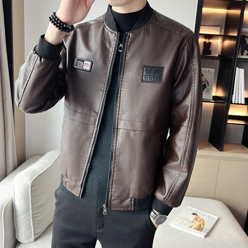 Men's Leather Jacket New Men's Handsome Leather Jacket Slim Trendy Korean Style Baseball Collar Jacket Men's Motorcycle Clothing Top
