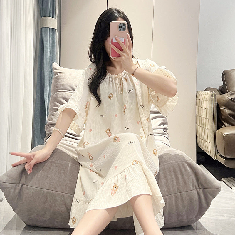 Pajamas women's close-fitting cloud cotton comfortable long short sleeve printed simple casual dress nightgown manufacturers wholesale
