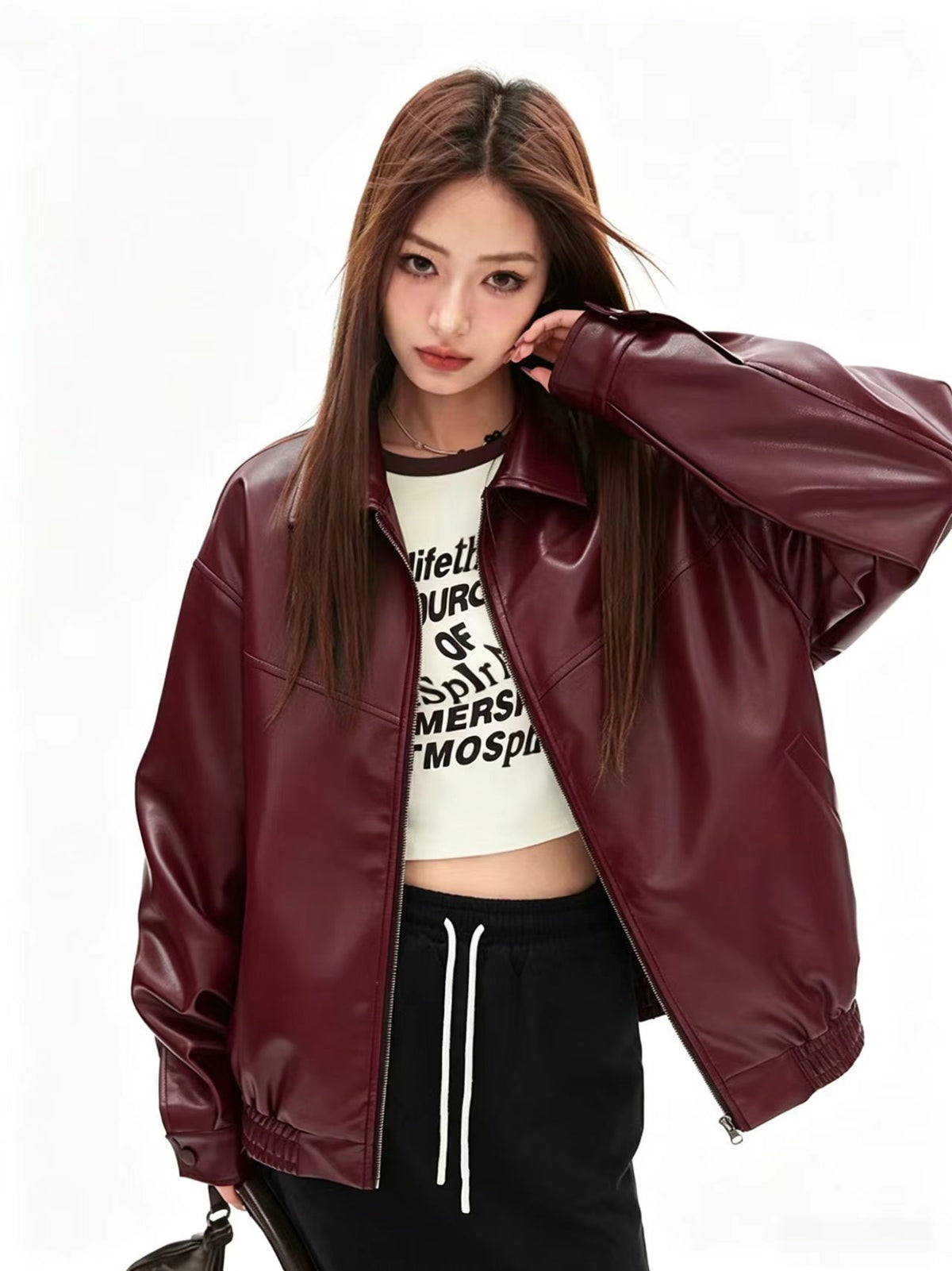 Foreign Trade Wholesale Autumn and Winter New Women's Clothing High-End Style Lapel Long-Sleeved Zipper Faux Leather Casual Jacket