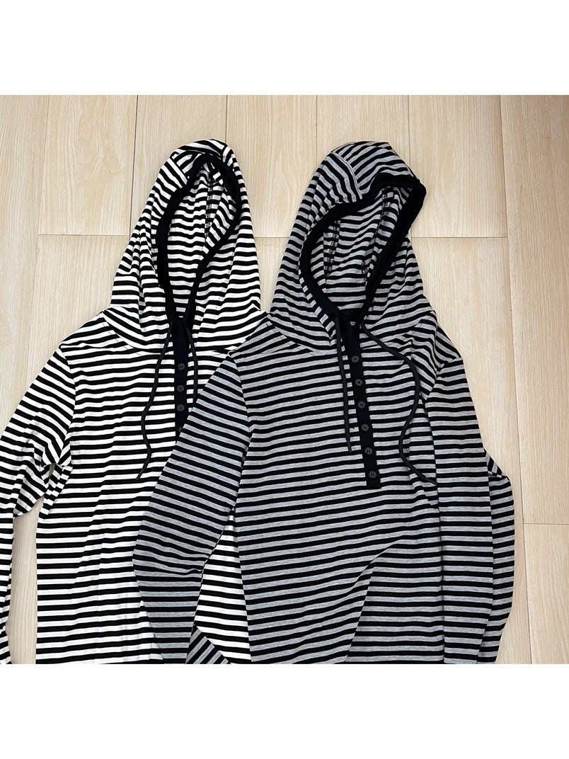 Good to wear to burst striped access control buckle hoodie autumn new women's casual all-match long sleeve T-shirt top base tee