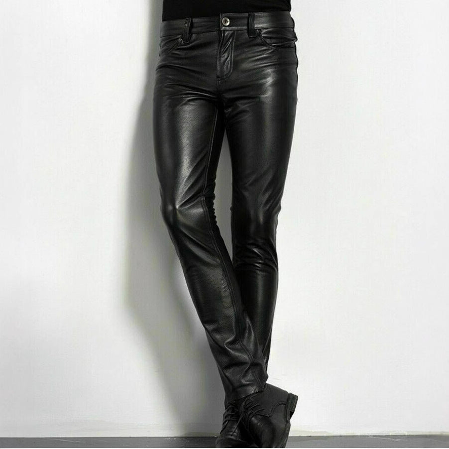 2025 New Men's Spring and Autumn Leather Pants Aliexpress Wish Foreign Trade Leather Pants Men's Tight-Fitting Men's Leather Pants Men's Long Style
