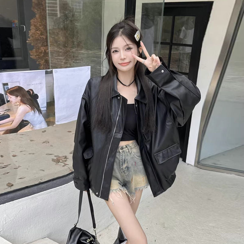 Trendy Cool Women's Spring and Autumn 2024 New Retro Loose Street Biker Leather Jacket Ins Cool Stylish