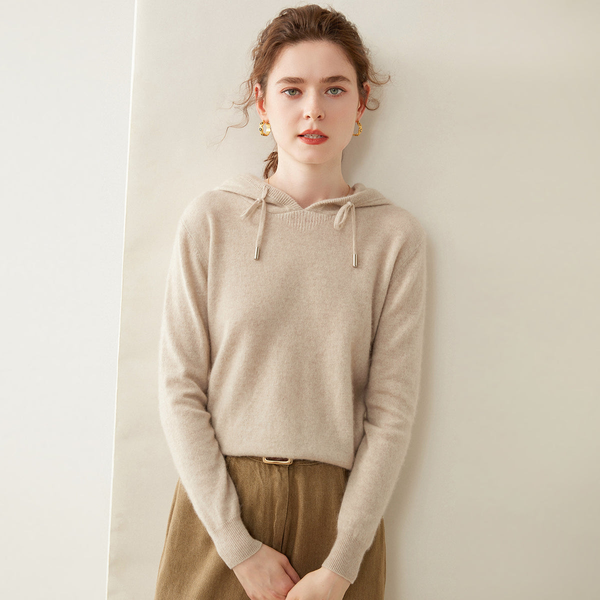 Light Luxury Solid Color 100% Pure Cashmere Hoodie for Women, Versatile for Commuting, Loose Knit Base Hoodie, Loose Fit