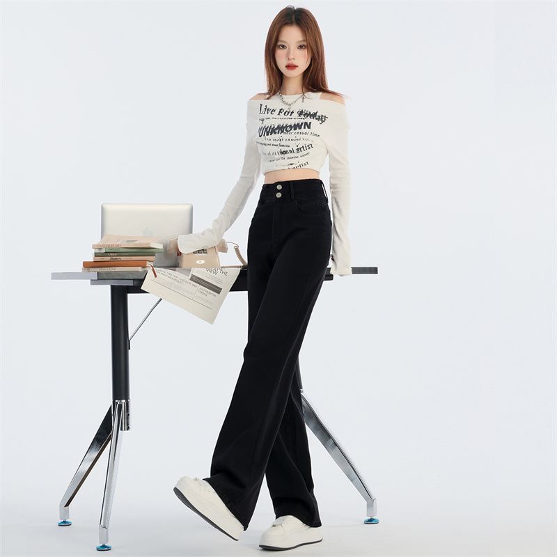 2024 Autumn and Winter New High Waist Double Buckle Slimming Stretch Narrow Straight Jeans for Women JEANS WOMEN