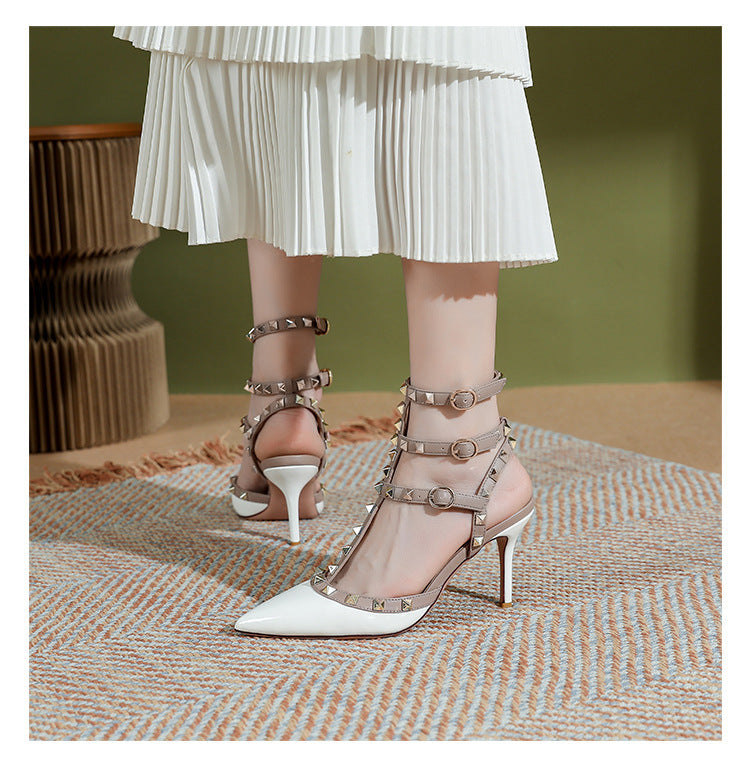 2025 Summer New Pointed Black Rivet High Heels girls Sandals Stiletto Beautiful Nude Shoes Willow Shallow