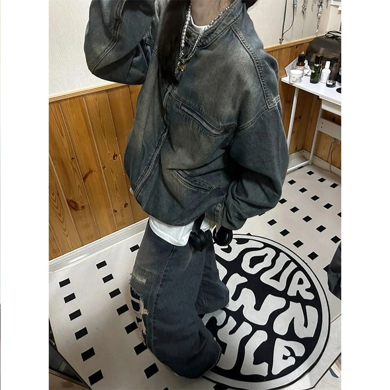 American Style Retro Vibe Style Tooling Denim Coat Women's Autumn Loose Design Sense Washed Old Cardigan Jacket Trendy