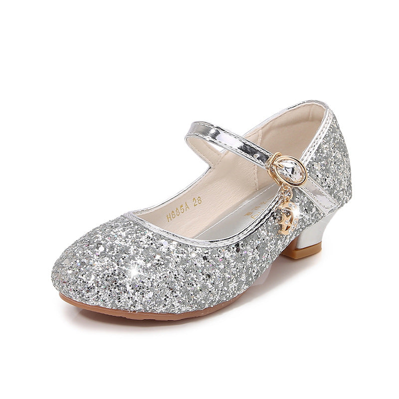 Children's High Heels Women's Shoes New Fashion Students Silver Sequins Performance Shoes Women's Etiquette Flower Children's Shoes