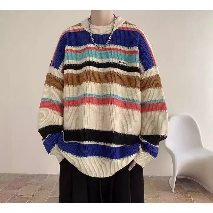 Autumn and Winter New Men's Sweater Loose Round Neck Striped Sweater Men's Fashionable Contrast Color Pullover Warm Top Clothes