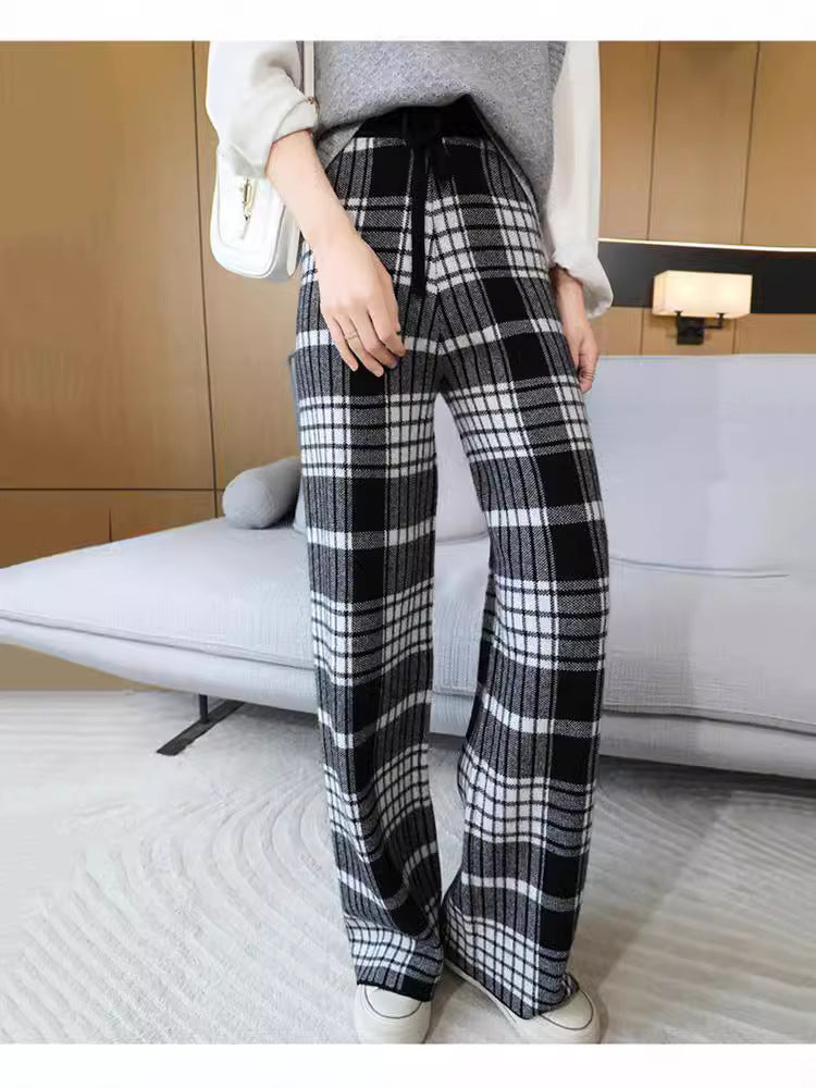 24 Autumn and Winter New High Waist All-match Casual Wide-leg Pants Women's Straight Loose Plaid Trousers 100 Wool Thickened