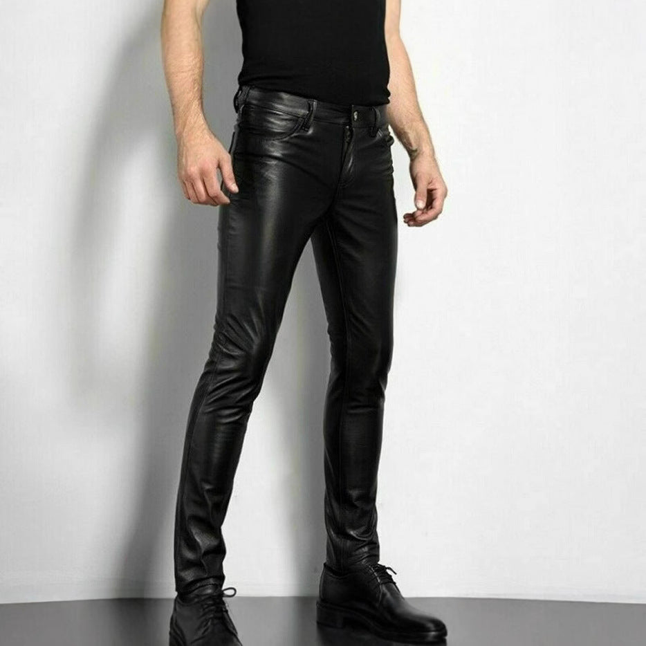 2025 New Men's Spring and Autumn Leather Pants Aliexpress Wish Foreign Trade Leather Pants Men's Tight-Fitting Men's Leather Pants Men's Long Style